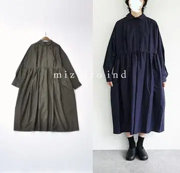 새상품 미즈이로 인드 라운드 칼라 프론트 플라이 개더 원피스