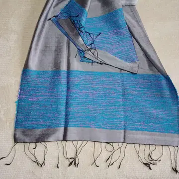 대형 실크 숄 스톨 수제 파랑 그레이 광택 있음 리메이크 소재