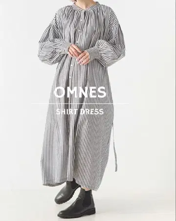 OMNES 셔츠 원피스 롱 기장 버튼 직조 볼륨 소매 무지 스트라이프