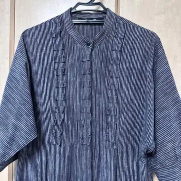 스트라이프 롱 셔츠 원피스 7부 소매