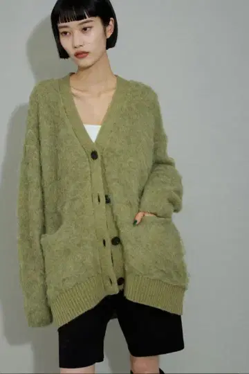 ADAM ET ROPE' 퍼 니트 V넥 가디건 올리브 그린