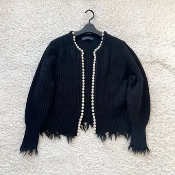 매디슨 블루 가디건 펄 데미지 가공 프린지 울