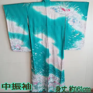 중후리소데 민트 그린 계열 꽃무늬 기장 약 161cm 순수 실크