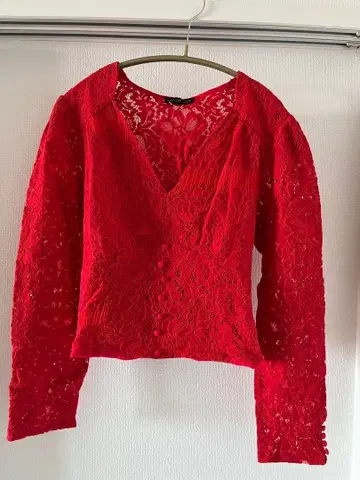 레이스 V넥 긴팔 셔츠 빨간색