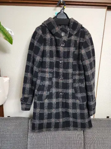 후드 부착 체크 무늬 울 코트