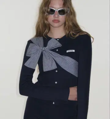 CRANK 네이비 가디건 체크 리본 포함