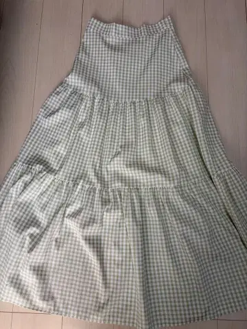 그린 체크 플레어 스커트 롱