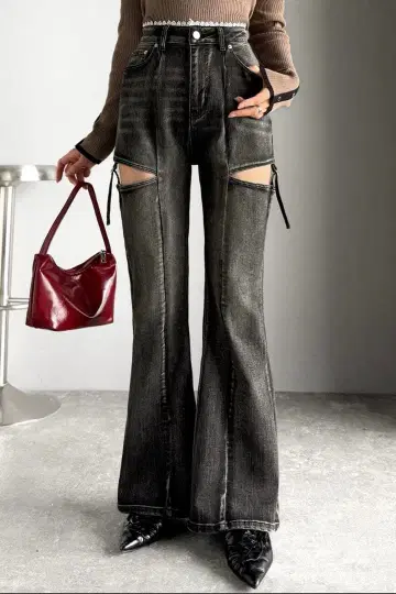 허리 파이핑 레이스 컷 아웃 리본 데님 팬츠