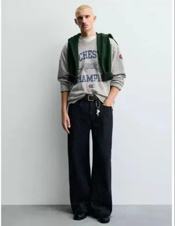 ZARA Champion 콜라보 스트라이프 배기 핏 청바지 40