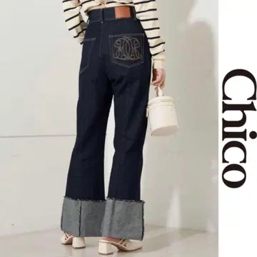 chico 로고 자수 롤업 데님