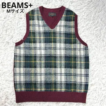미사용급 BEAMS+ 니트 베스트 체크 울 보르도 그린 M