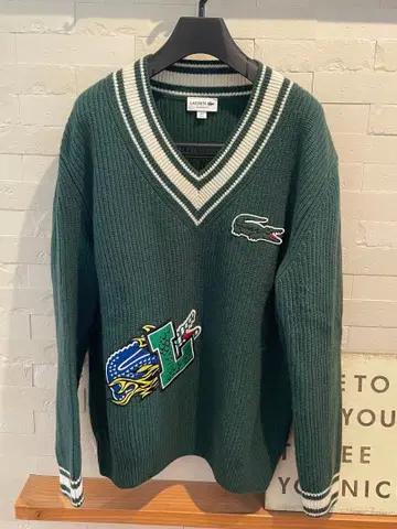 LACOSTE 다크 그린 V넥 스웨터 US L