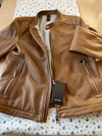 BEAMS RUFFO 베이지 가죽 라이더 자켓 46