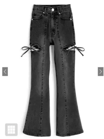 사이드 컷 아웃 리본 플레어 데님 팬츠[cu578] L 사이즈 블랙