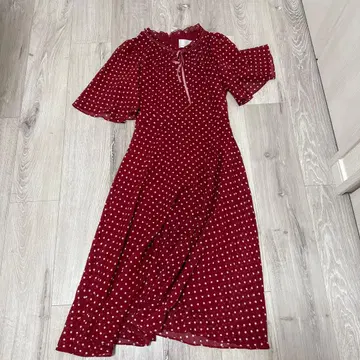 보르도 도트 무늬 롱 원피스 반팔 드레스