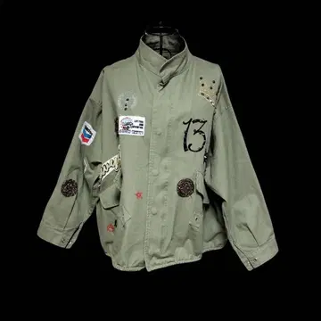 자수 장식 올리브 그린 밀리터리 자켓 와펜 리메이크 구제 의류