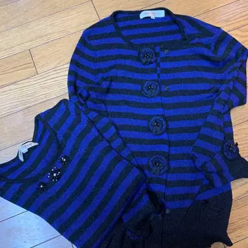 슈퍼 뷰티 블랙과 파랑 스트라이프 가디건과 상의 세트