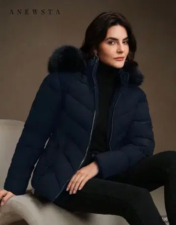 Anewsta 네이비 블루 후드 부착 다운 자켓