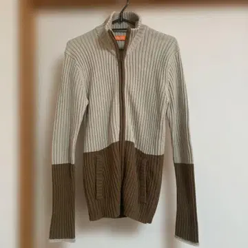 니콜 리브 편직 풀 집업 가디건 베이지 브라운 바이컬러