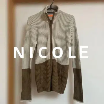 니콜 리브 편직 풀 집업 가디건 베이지 브라운 바이컬러