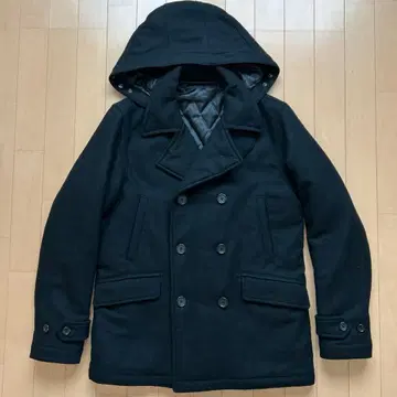 남성용 빔즈 BEAMS 더블 브레스트 피 코트 후드 부착 블랙 M