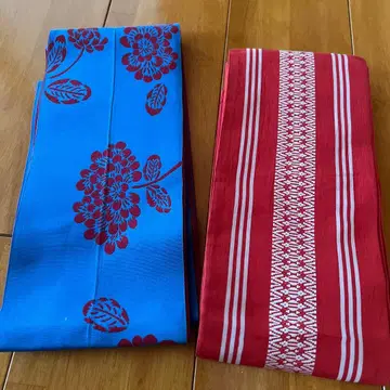 파랑과 빨간색 꽃무늬 오비 세트