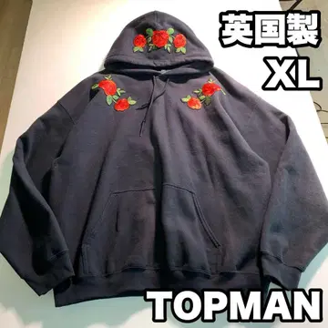 TOPMAN 영국제 XL 후드티 빨간 장미 자수 맨투맨 블랙 빈티지