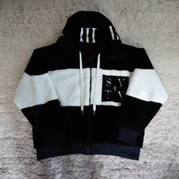 RE730 에코 퍼 배색 빅 실루엣 후드 블루종 블랙 화이트 M