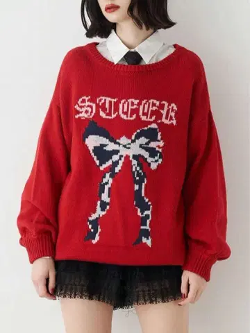 jouetie 쥬에티 리본 자카드 루즈 니트 빨간색 레드 니트