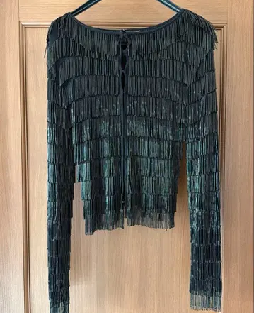 프린지 장식 블랙 긴팔 가디건 38