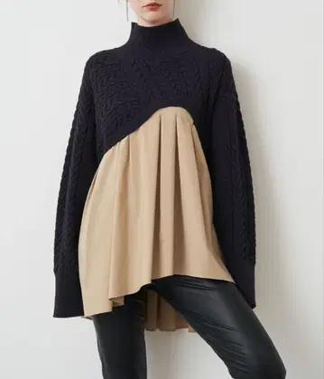 새상품 ELENDEEK 도킹 케이블 니트 절개 네이비 x 베이지