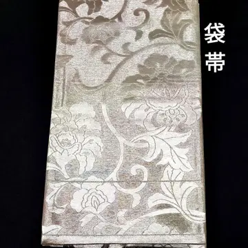 후쿠로 오비 순수 실크 꽃+덩굴 패턴 실버 x 그라데이션