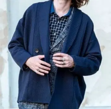 노아이디 숄카라 더블 가디건 블루 새상품급