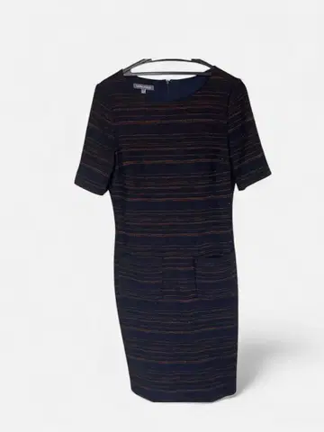 네이비 오렌지 스트라이프 반팔 원피스 포켓 부착 도톰한 원단 가로 줄무늬