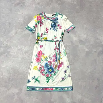 레오나르 원피스 꽃무늬 벨트 반팔 트림 코튼