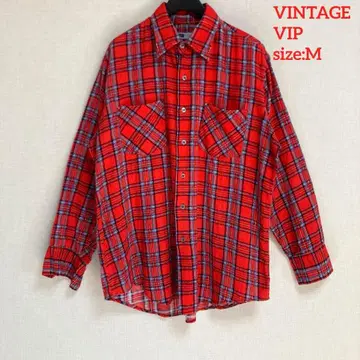 VINTAGE VIP 남성용 긴팔 플란넬 셔츠 빨간색 체크 무늬 M