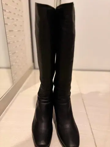 DICI 블랙 가죽 롱 부츠 중간 힐