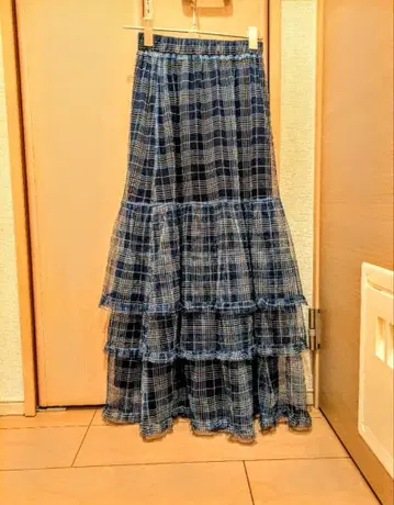 캉캉 스커트 3단 플레어 A라인 블루 오렌지 체크 무늬 화려한 무늬