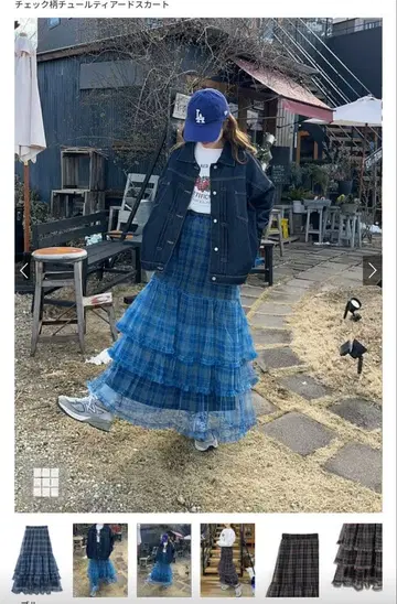 캉캉 스커트 3단 플레어 A라인 블루 오렌지 체크 무늬 화려한 무늬