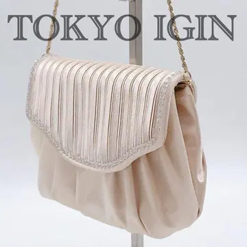 컨디션 최상 도쿄 이긴 새틴 파티 백 큐빅 골드 체인