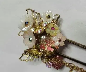 시미즈자카 유리관 헤어콤 피오레 핑크 골드 나비 teftef