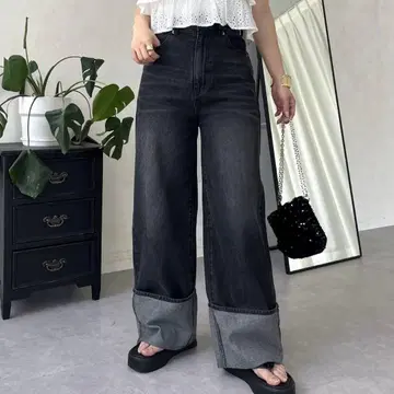 롤업 데님 와이드 팬츠 블랙