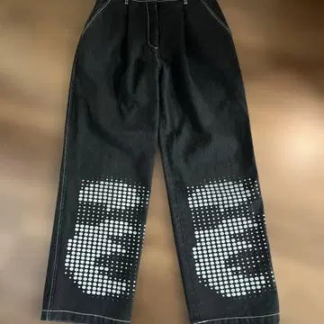 블랙 도트 패턴 와이드 레그 데님 팬츠