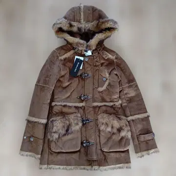 브라운 인조 모피 후드 부착 모즈 코트 초 멋진 남녀 공용 새상품