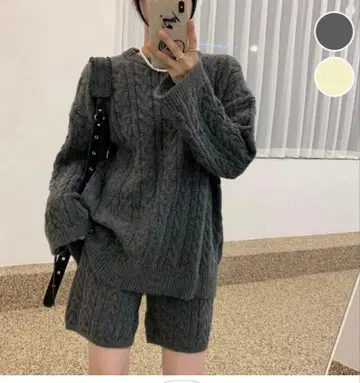 니트 셋업 스웨터 숏팬츠 2종 세트 그레이