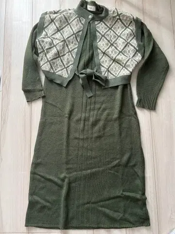 BEAMS 니트 원피스 베스트 세트 그린 롱 기장