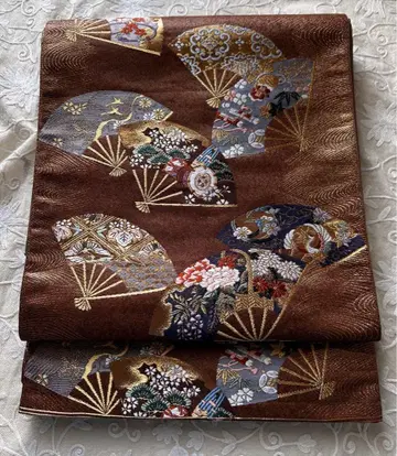 오비 페어 개최 중 일품 순수 실크 후쿠로 오비 부채 문양