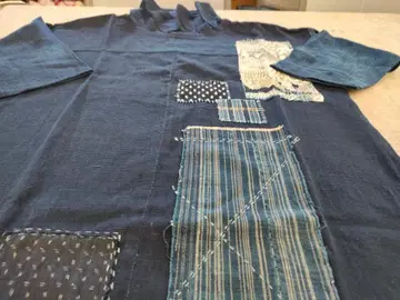 빈티지 원단 네이비 나염 패치워크 A라인 롱 원피스