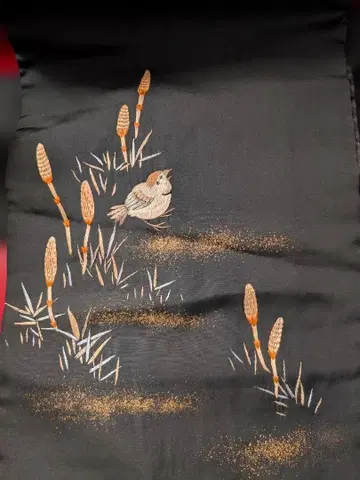 앤티크 참새와 민들레 씨앗 자수 블랙 베이스 나고야 오비