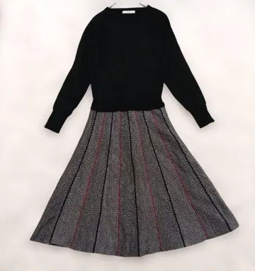 펠리시모 IEDIT 니트 원피스 긴팔 헤링본 무늬 도킹 절개